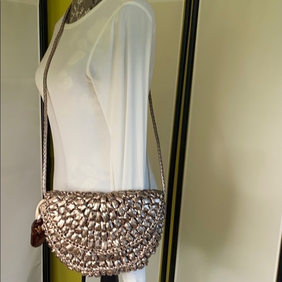 Paula Ferber Metallic Pewter Leather Woven Bag